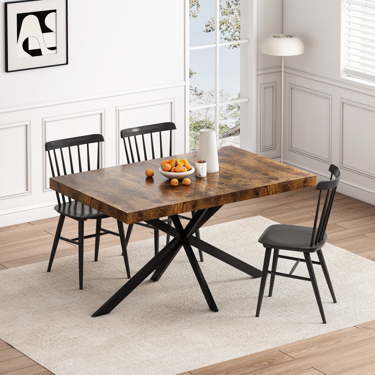 Rustic wood dining table with black metal Xframe legs and matching chairs