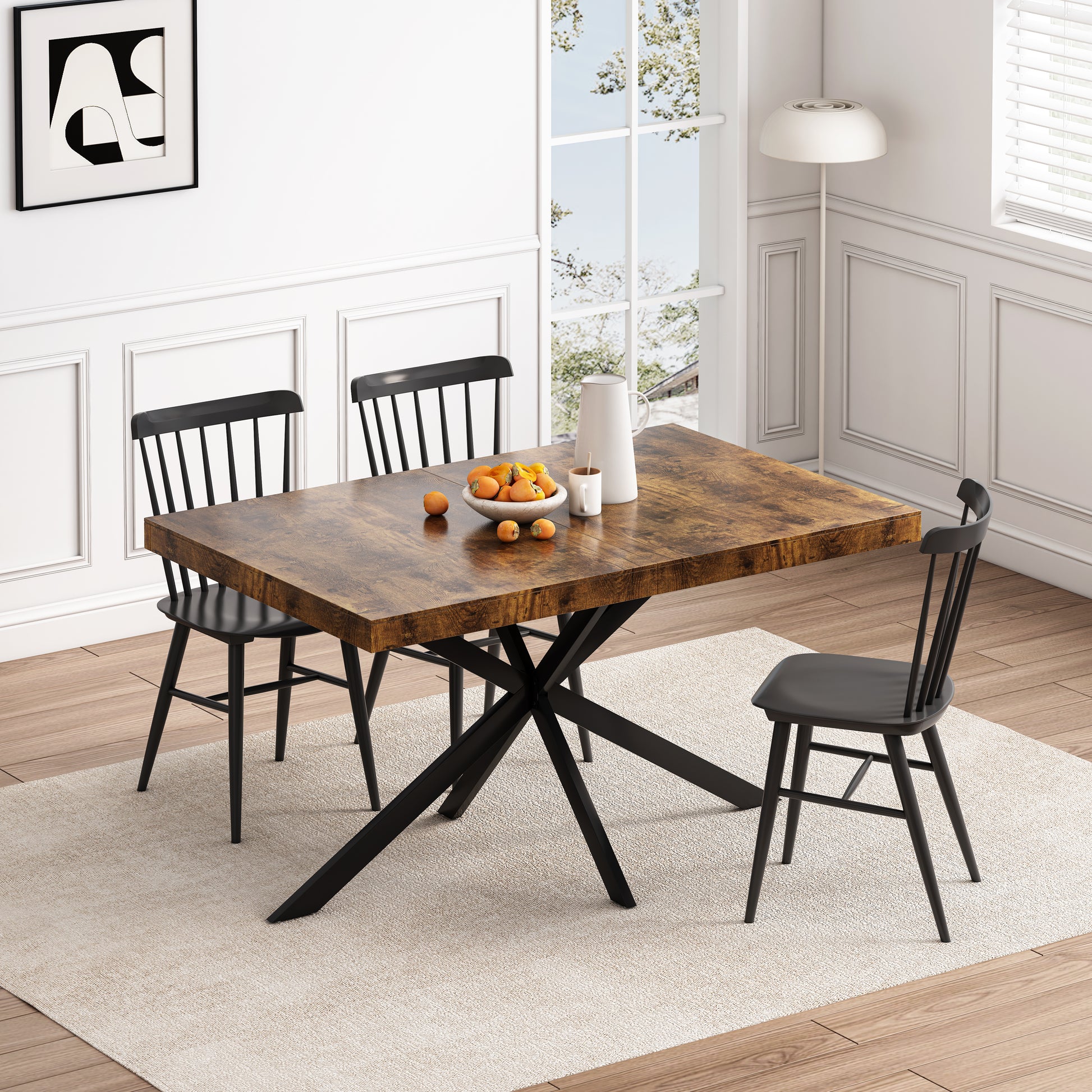 Rustic wood dining table with black metal Xframe legs and matching chairs