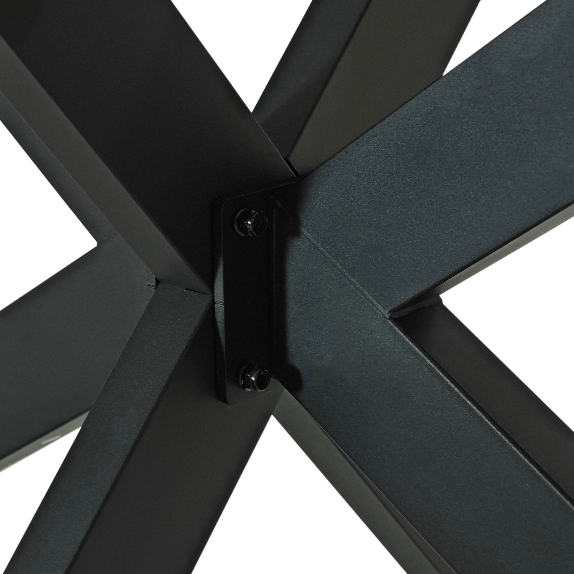 Black metal Xshaped table base with bolted joint