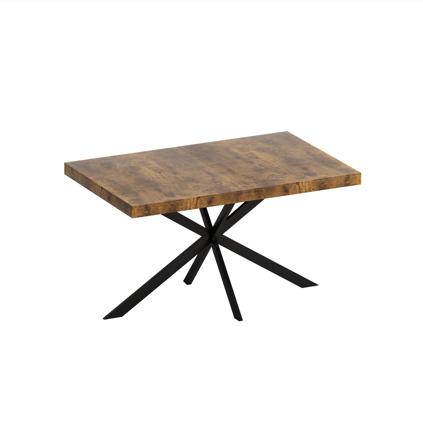 Rectangular dining table with rustic wood finish top and black geometric pedestal base