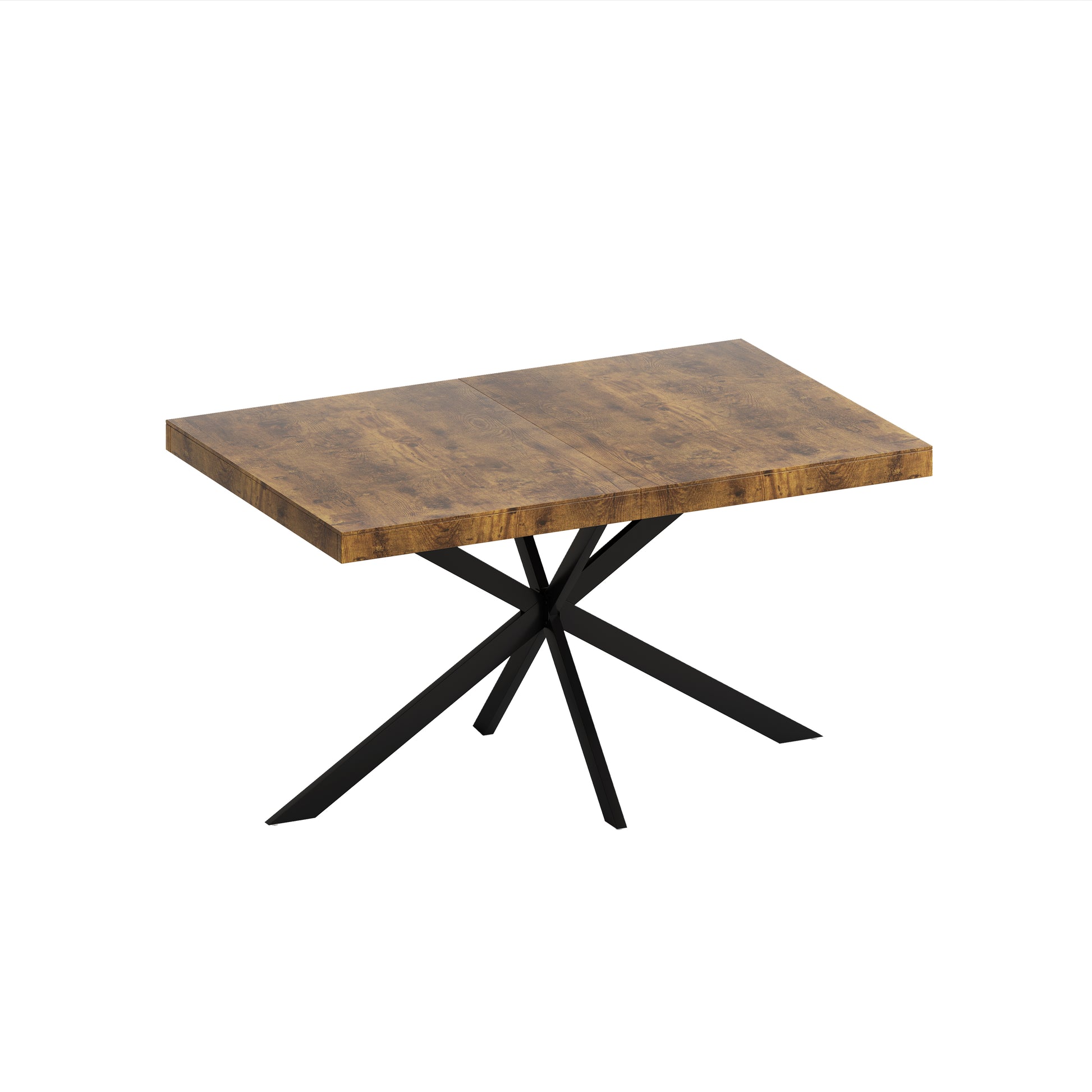 Rectangular dining table with rustic wood finish top and black geometric pedestal base