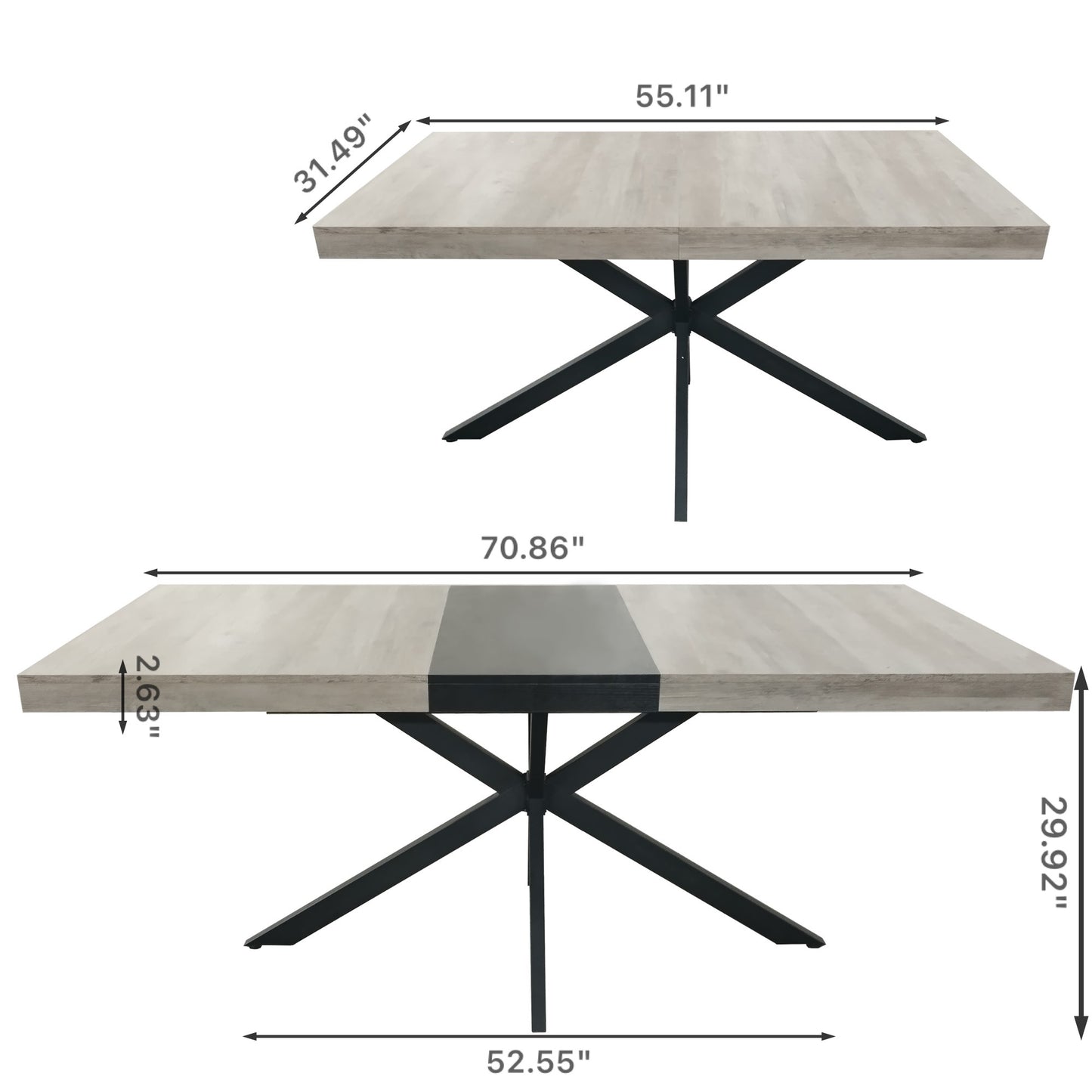 Light gray wood dining table with black metal base  W x  D x  H