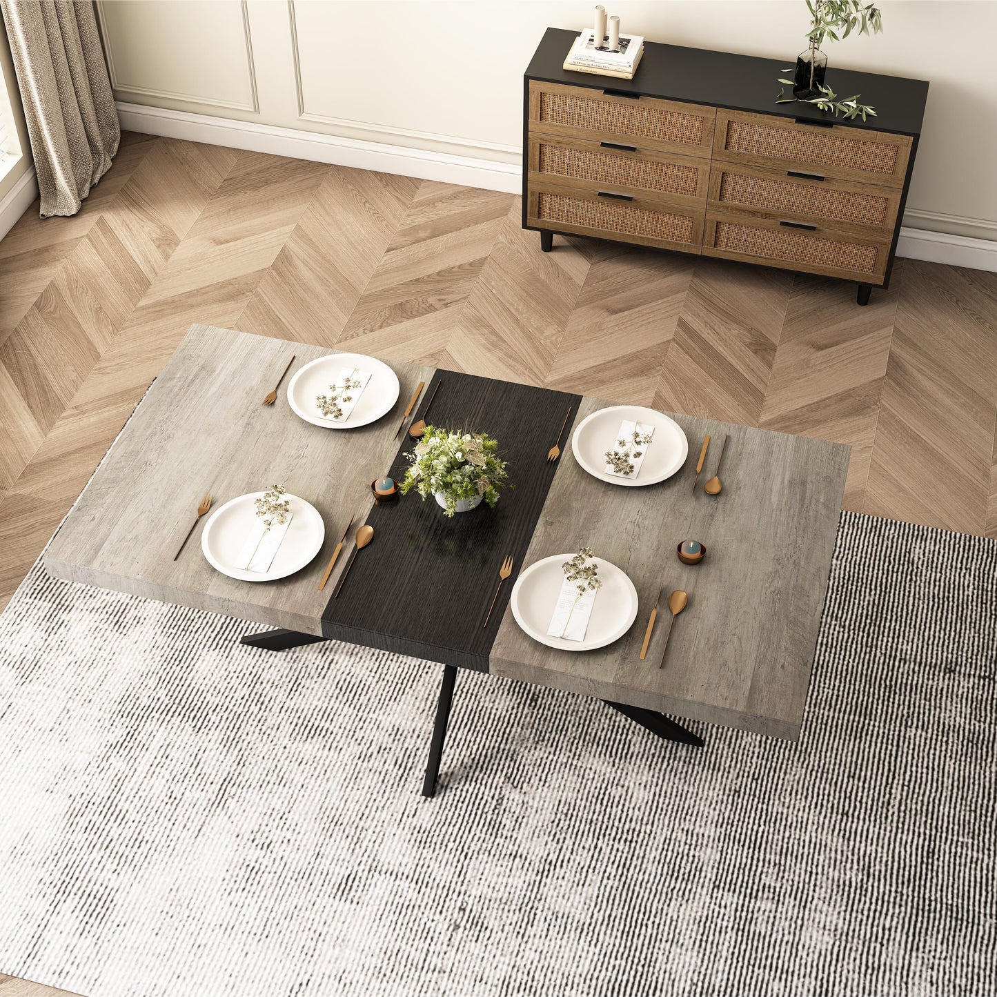Gray extendable dining table with black accents set for four