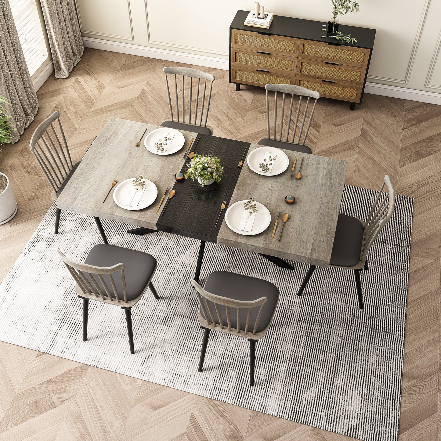 Modern extendable dining table with rustic wood finish and black metal legs