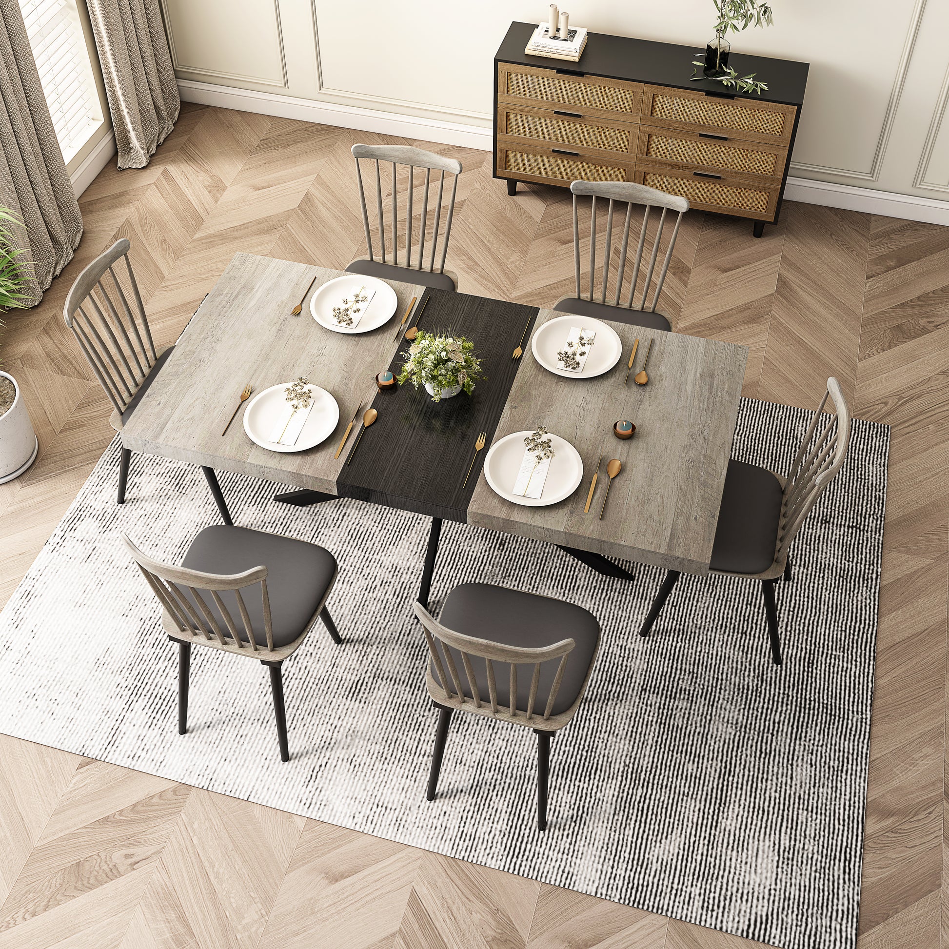 Modern extendable dining table with rustic wood finish and black metal legs