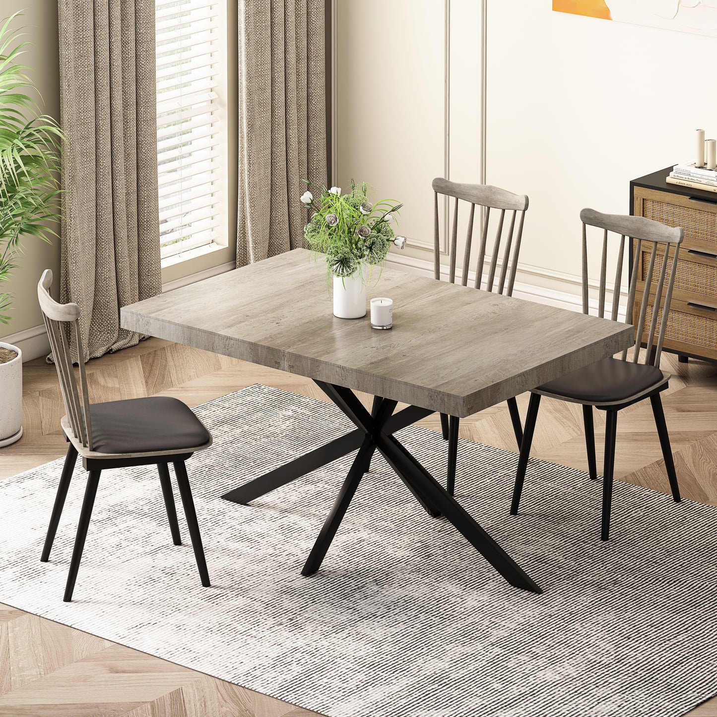 Rustic wood dining table with black pedestal base