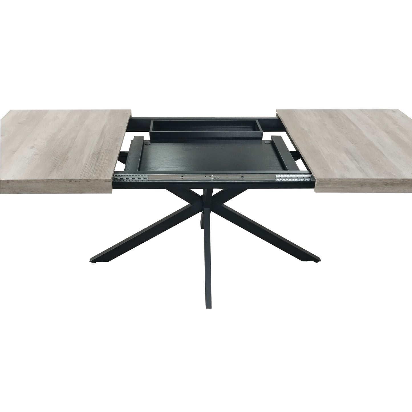 Extendable dining table with light wood top and black metal pedestal base