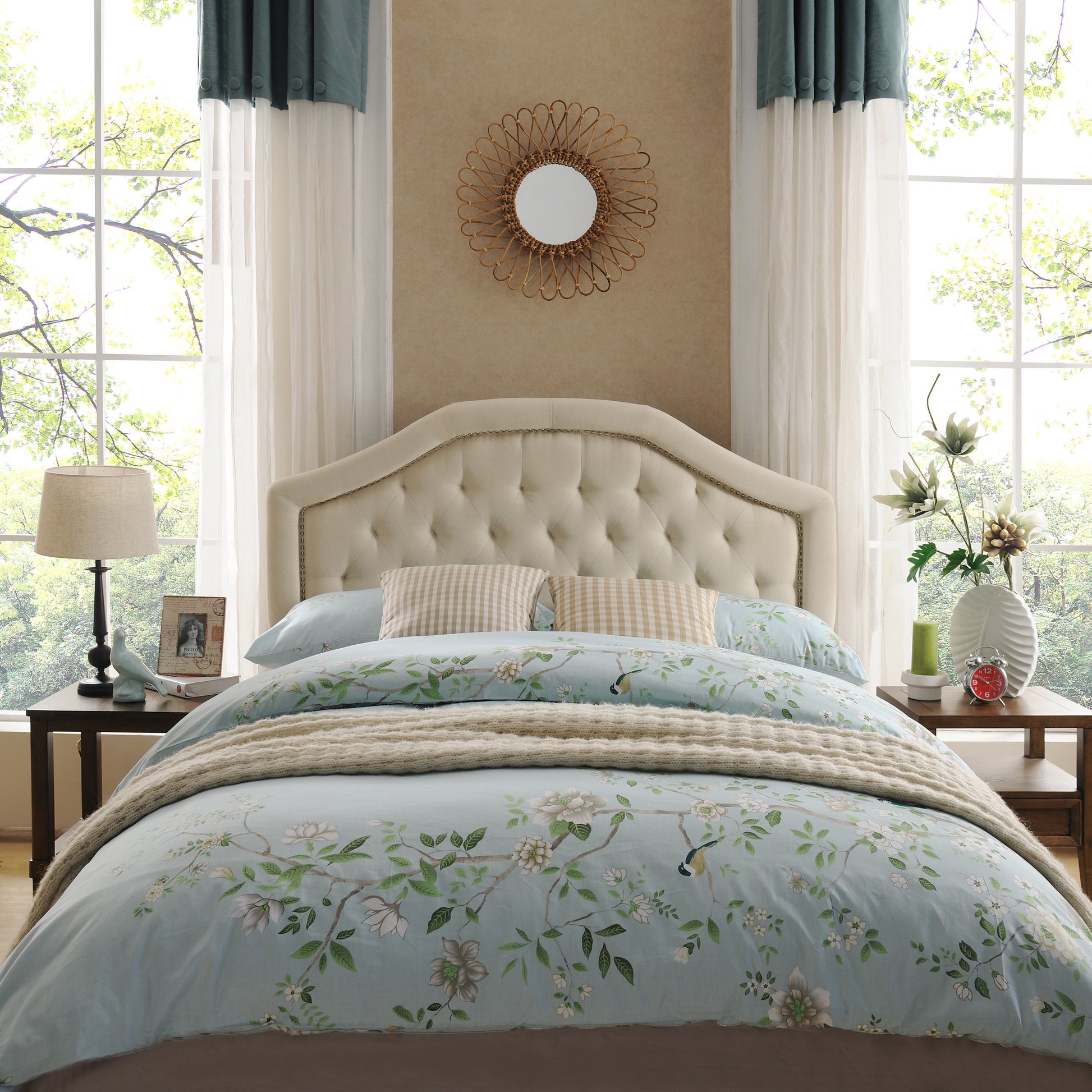 light blue floral duvet cover with birds