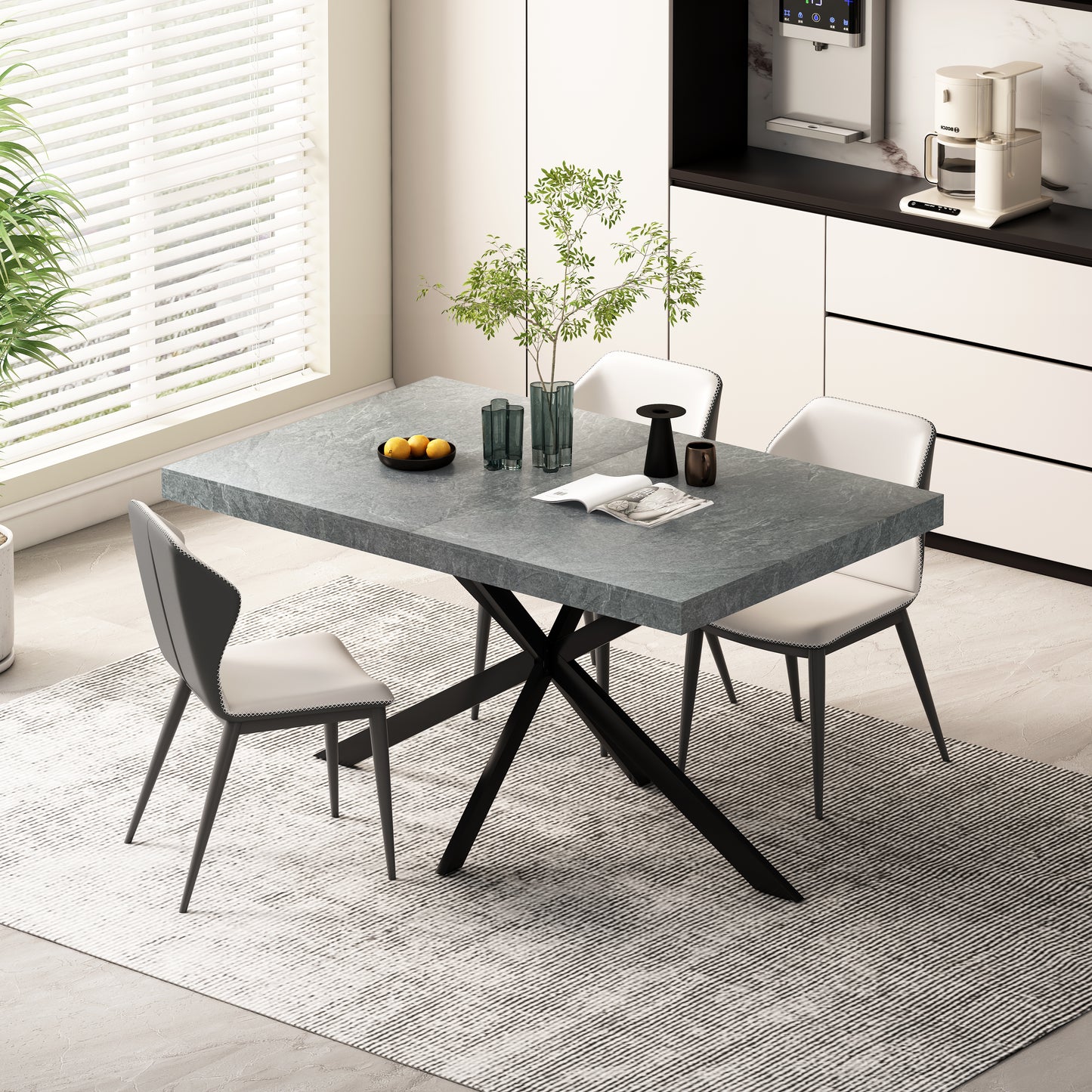 Modern grey stone dining table with black Xframe base