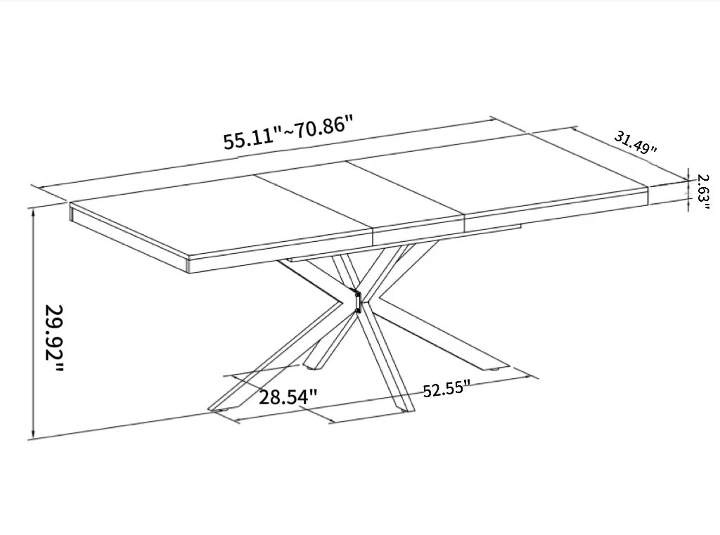 Line drawing of a modern expandable dining table with Xshaped base