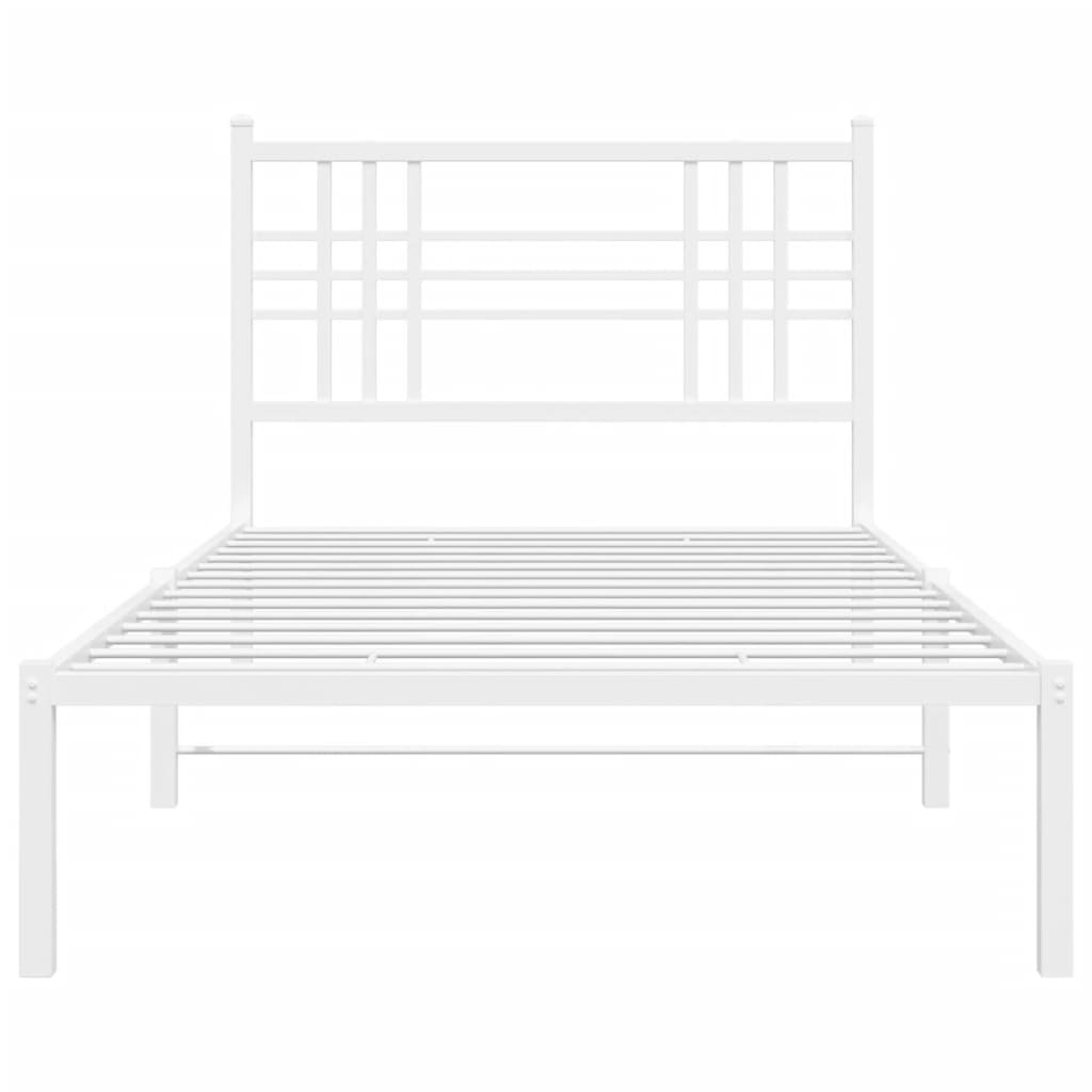 White metal twin bed frame with slatted headboard