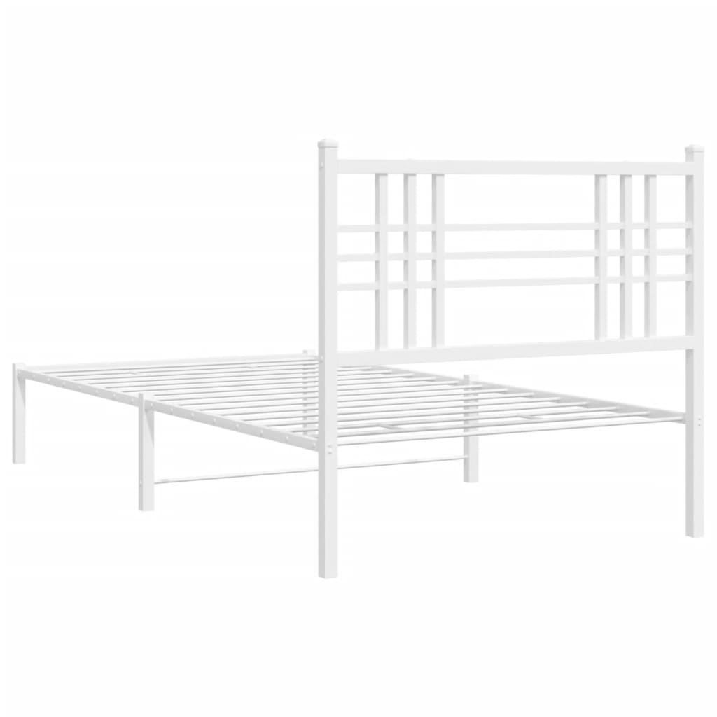 White metal twin bed frame with a slatted headboard