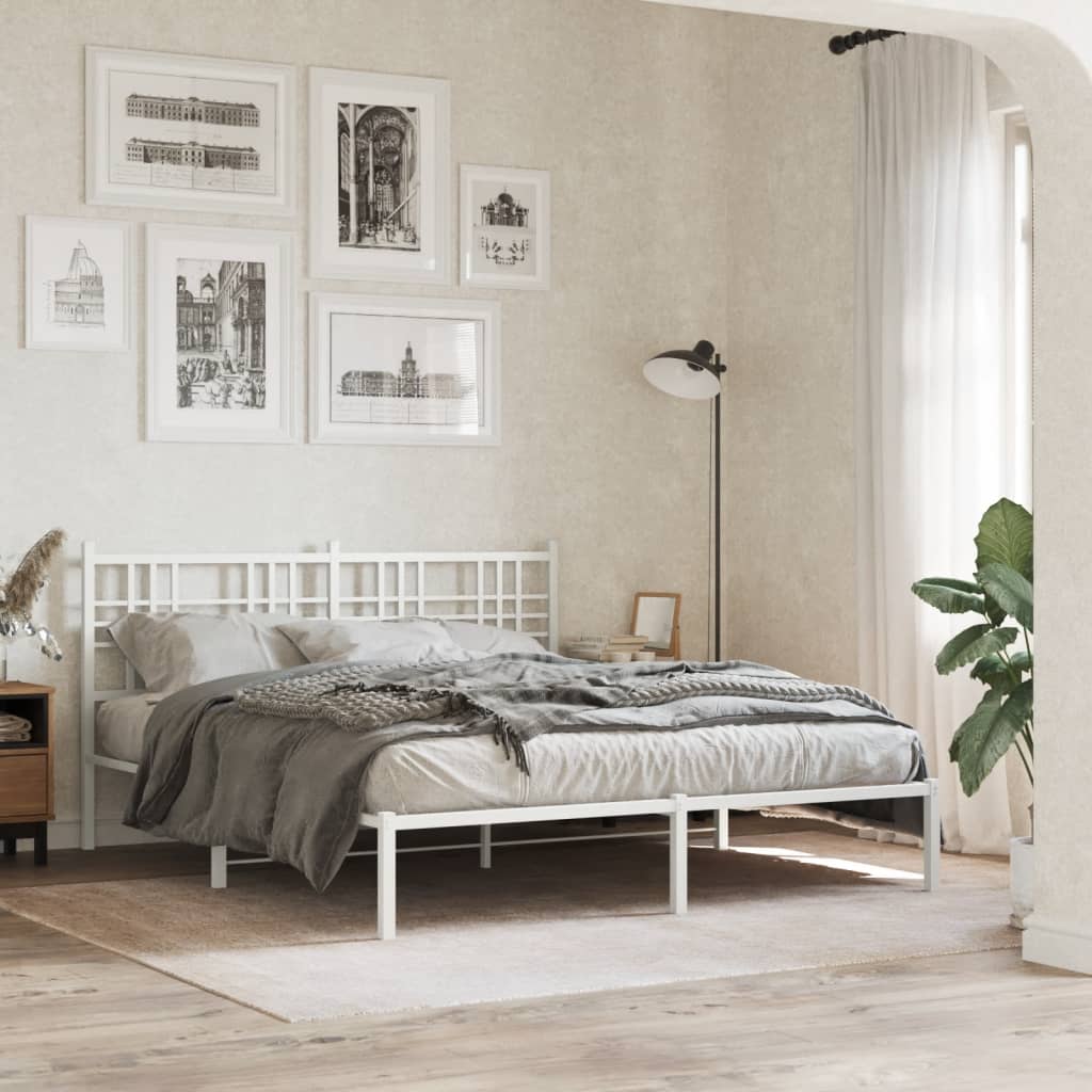 White metal bed frame with a modern geometric headboard