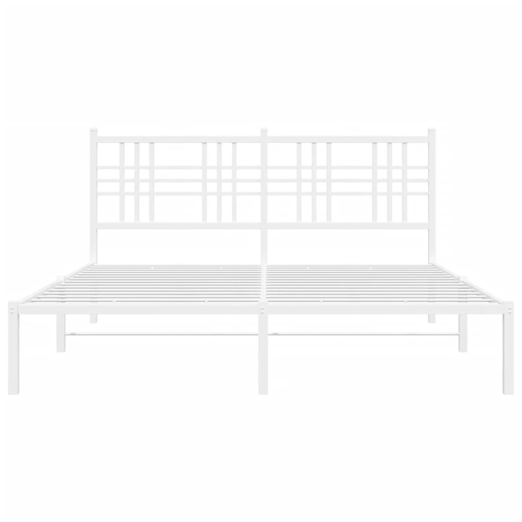 White metal platform bed frame with geometric headboard