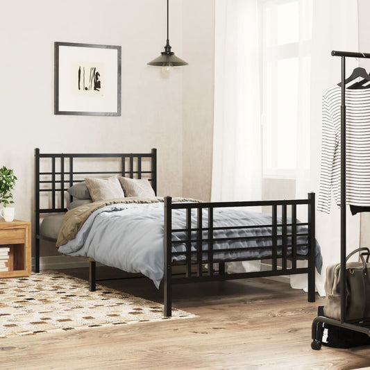 Black metal bed frame with a slatted headboard and footboard