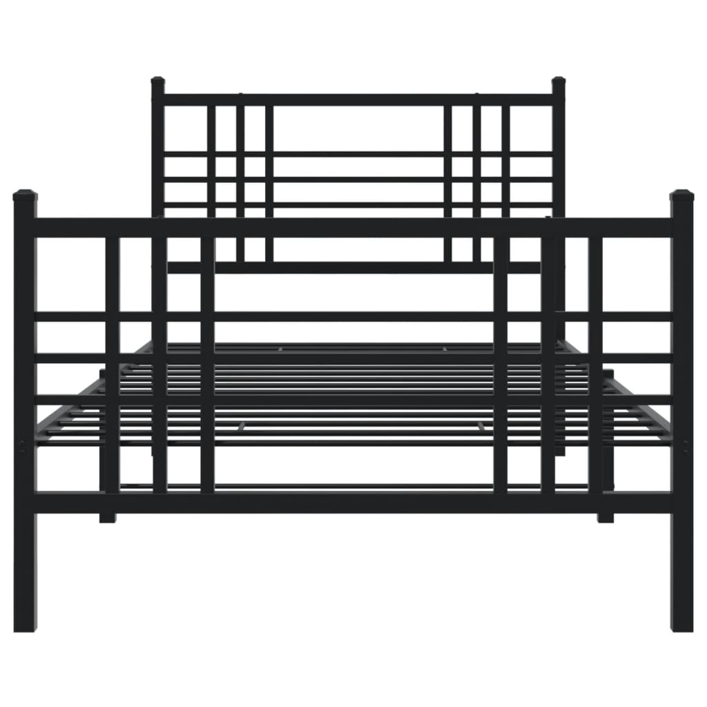 Black metal bed frame with a slatted headboard and footboard