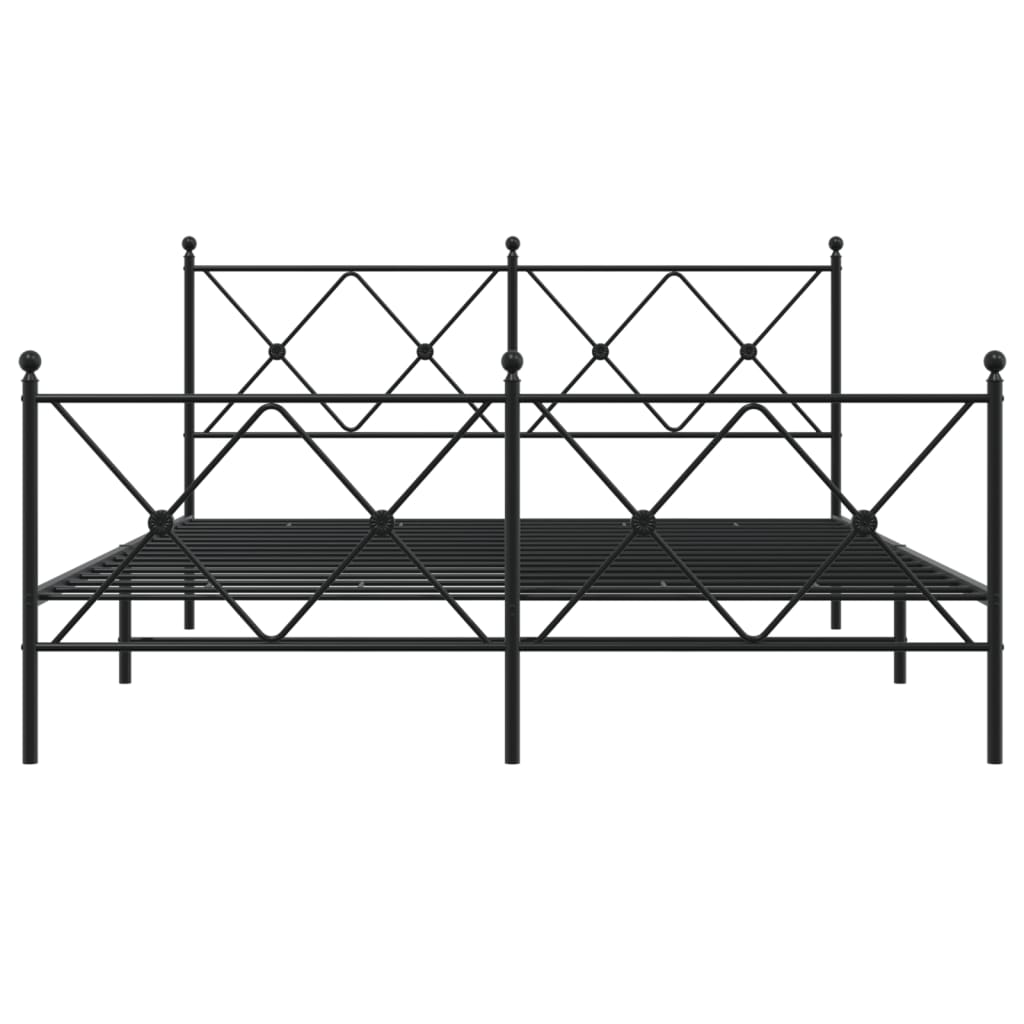Black metal bed frame with ornate crisscross headboard and footboard design