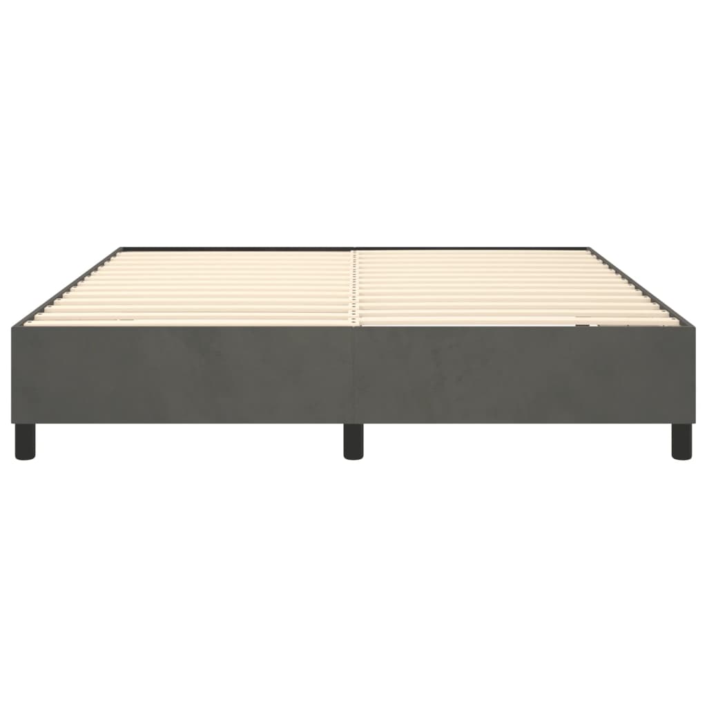 Dark gray upholstered queen bed frame with wooden slats