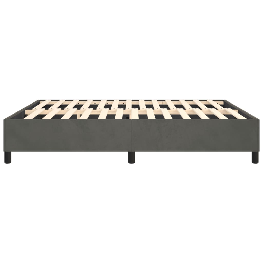 Dark grey upholstered bed frame with wooden slats