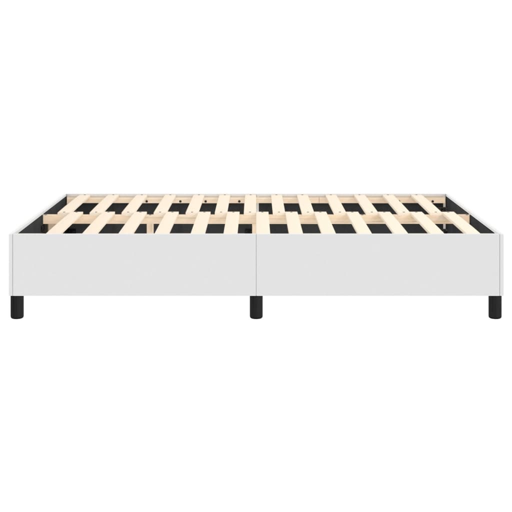 Modern white platform bed frame with wooden slats and black legs
