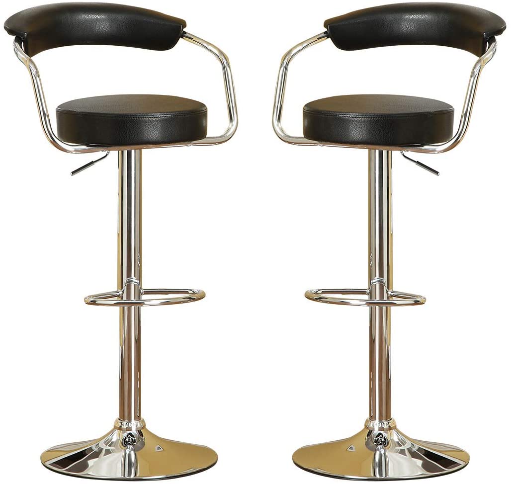 Two modern black faux leather bar stools with chrome accents