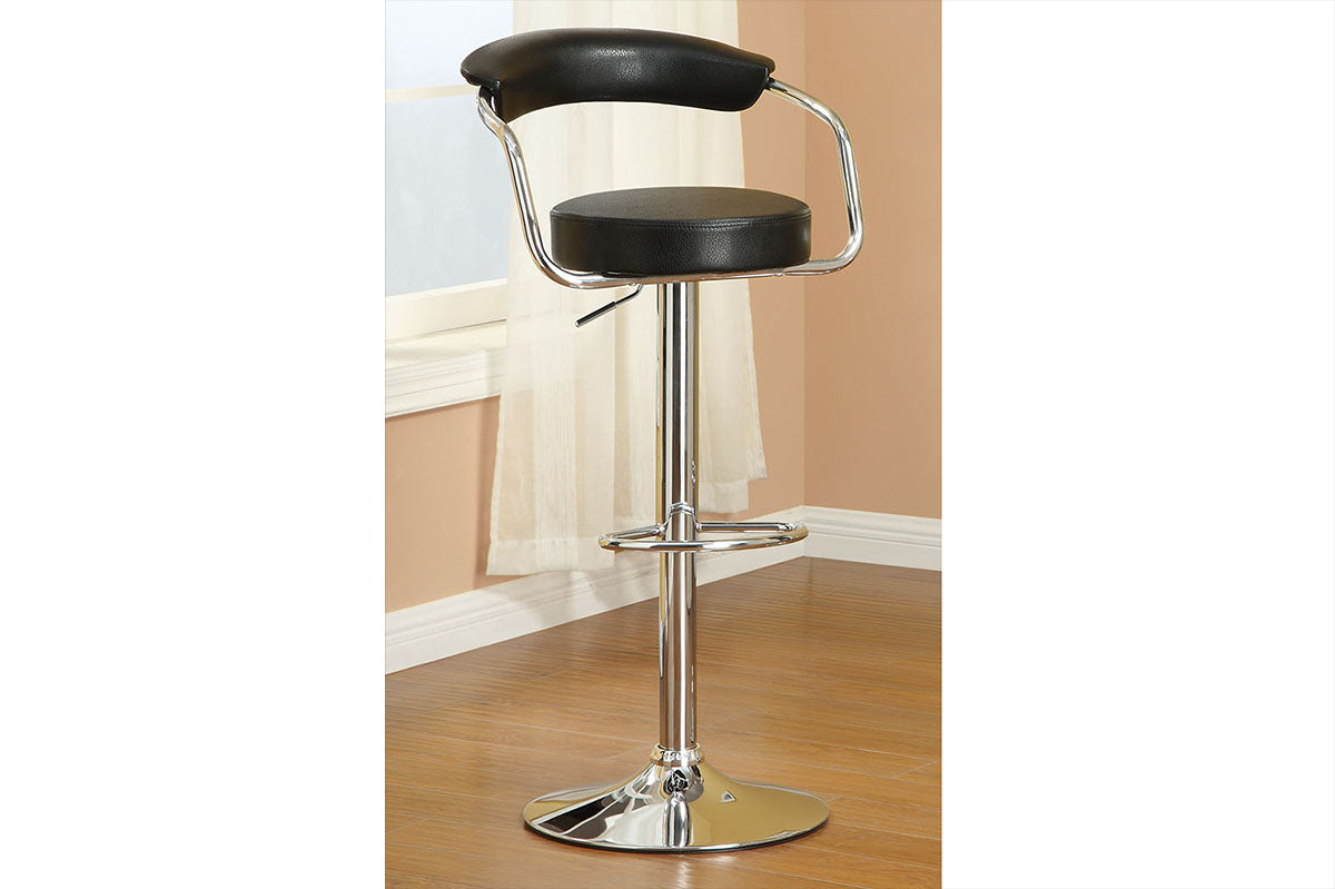 Black faux leather adjustable bar stool with chrome base and footrest