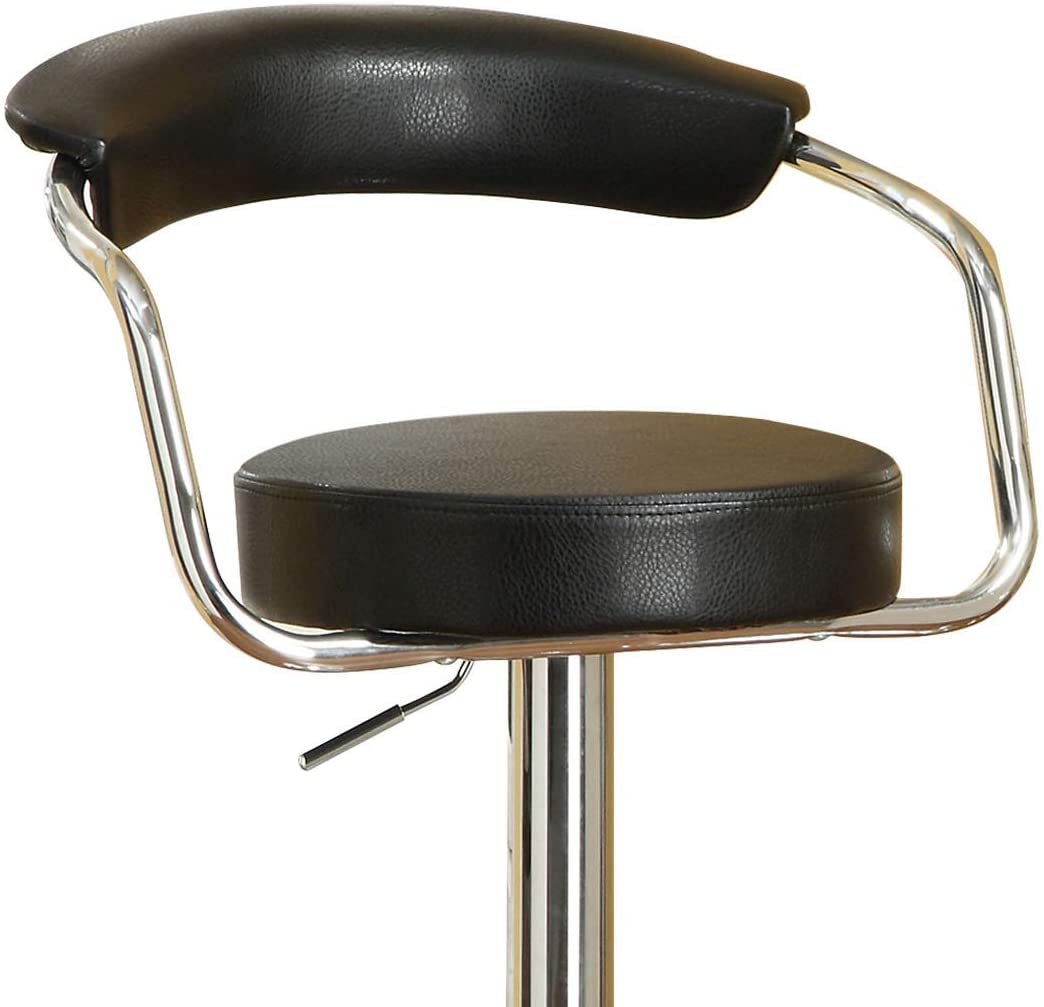 Black leather swivel bar stool with chrome accents and adjustable height lever