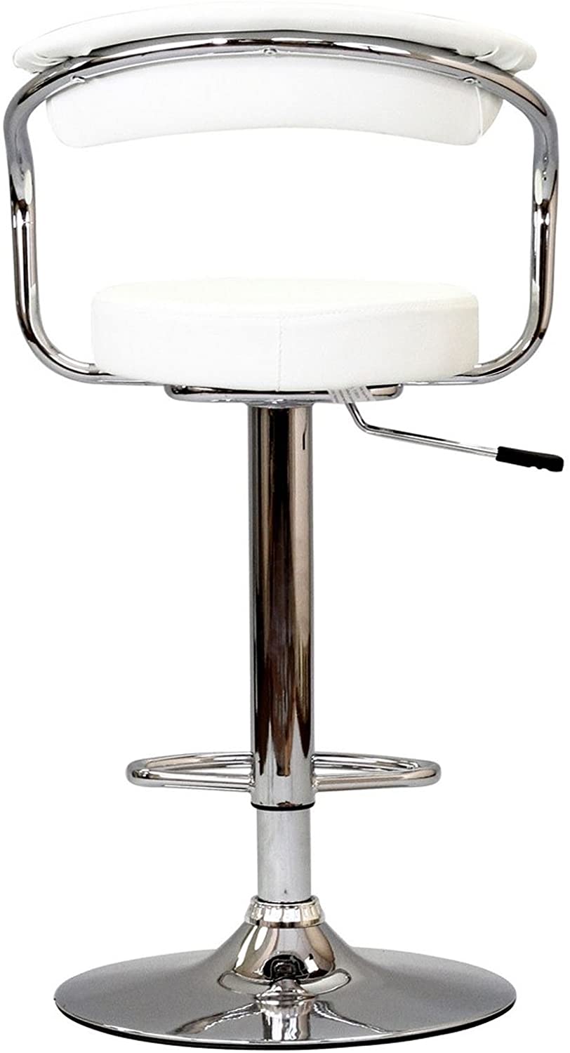 White leather adjustable bar stool with chrome base and footrest