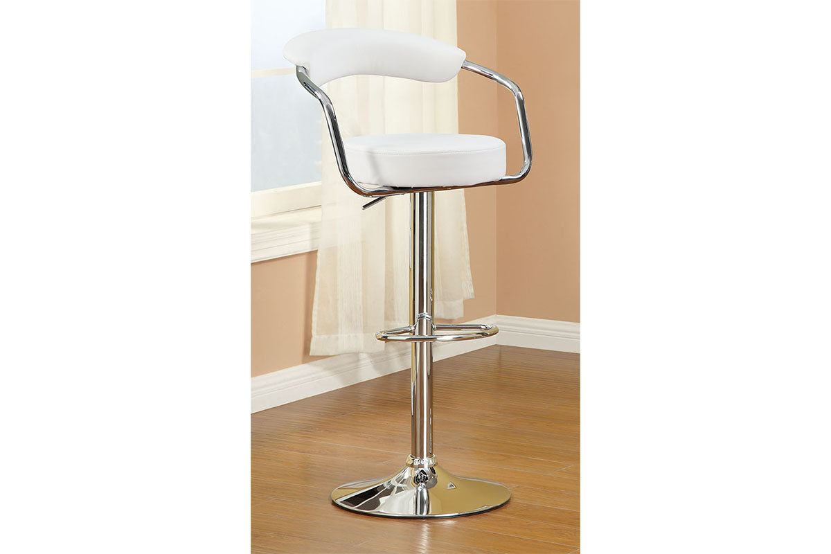 White upholstered swivel bar stool with chrome base and arms