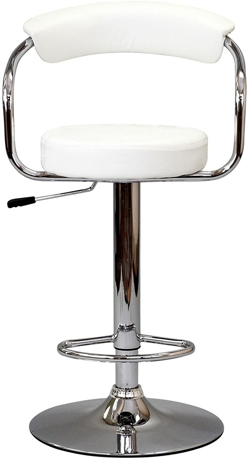 White leatherette adjustable bar stool with chrome base and footrest