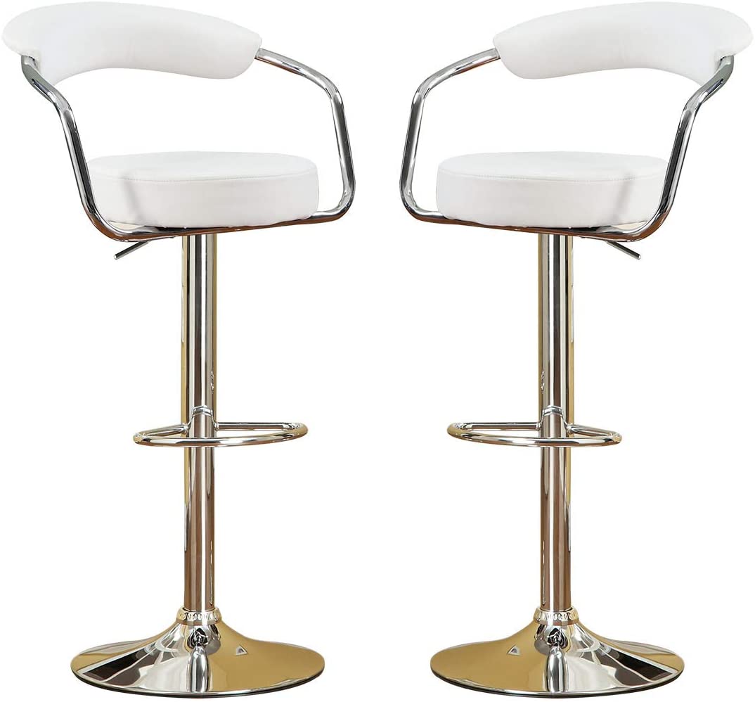 Pair of white leather bar stools with chrome accents and adjustable height