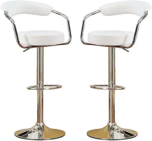 Pair of white leather bar stools with chrome accents and adjustable height