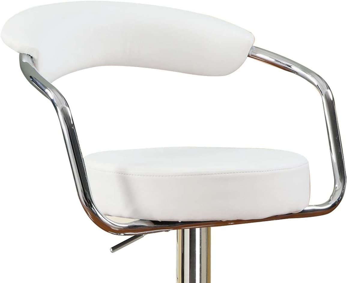 White upholstered bar stool seat and curved back with chrome accents