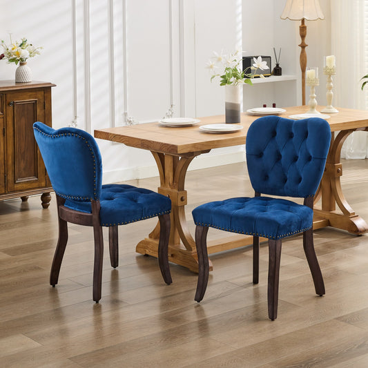 Two blue velvet dining chairs with tufted backs and brass nailhead trim