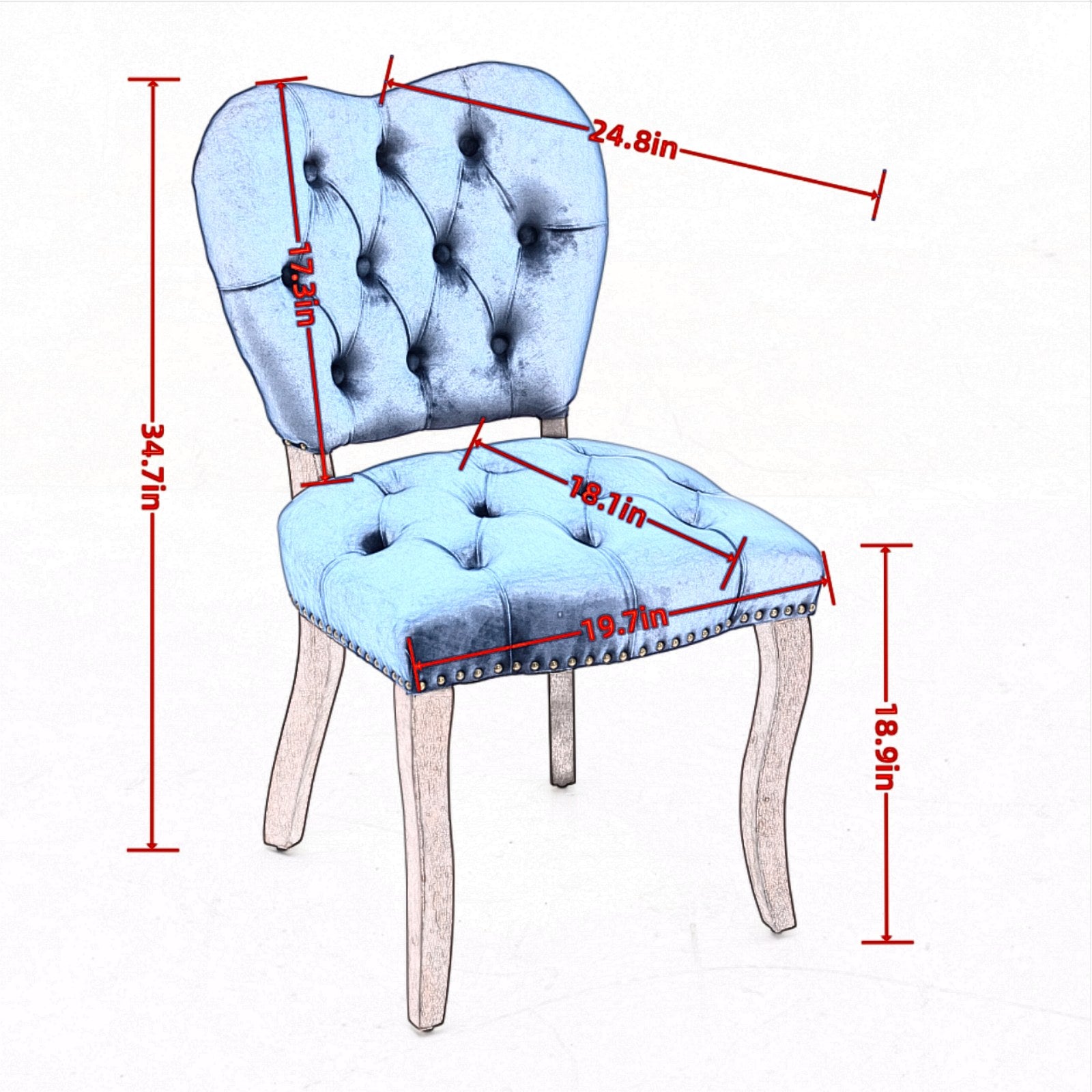 Tufted blue velvet dining chair with nailhead trim and carved wooden legs