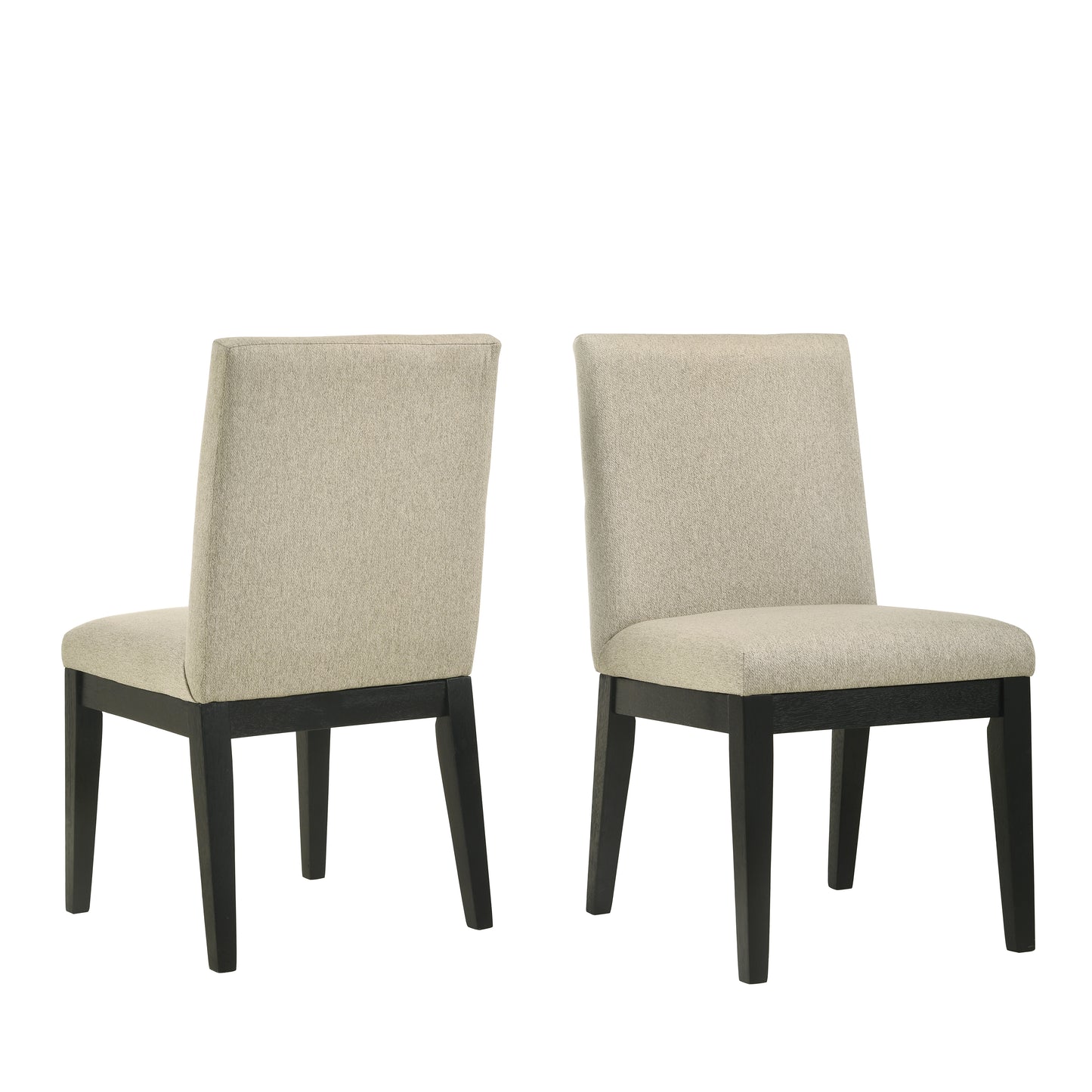 Beige upholstered dining chair with dark wood legs