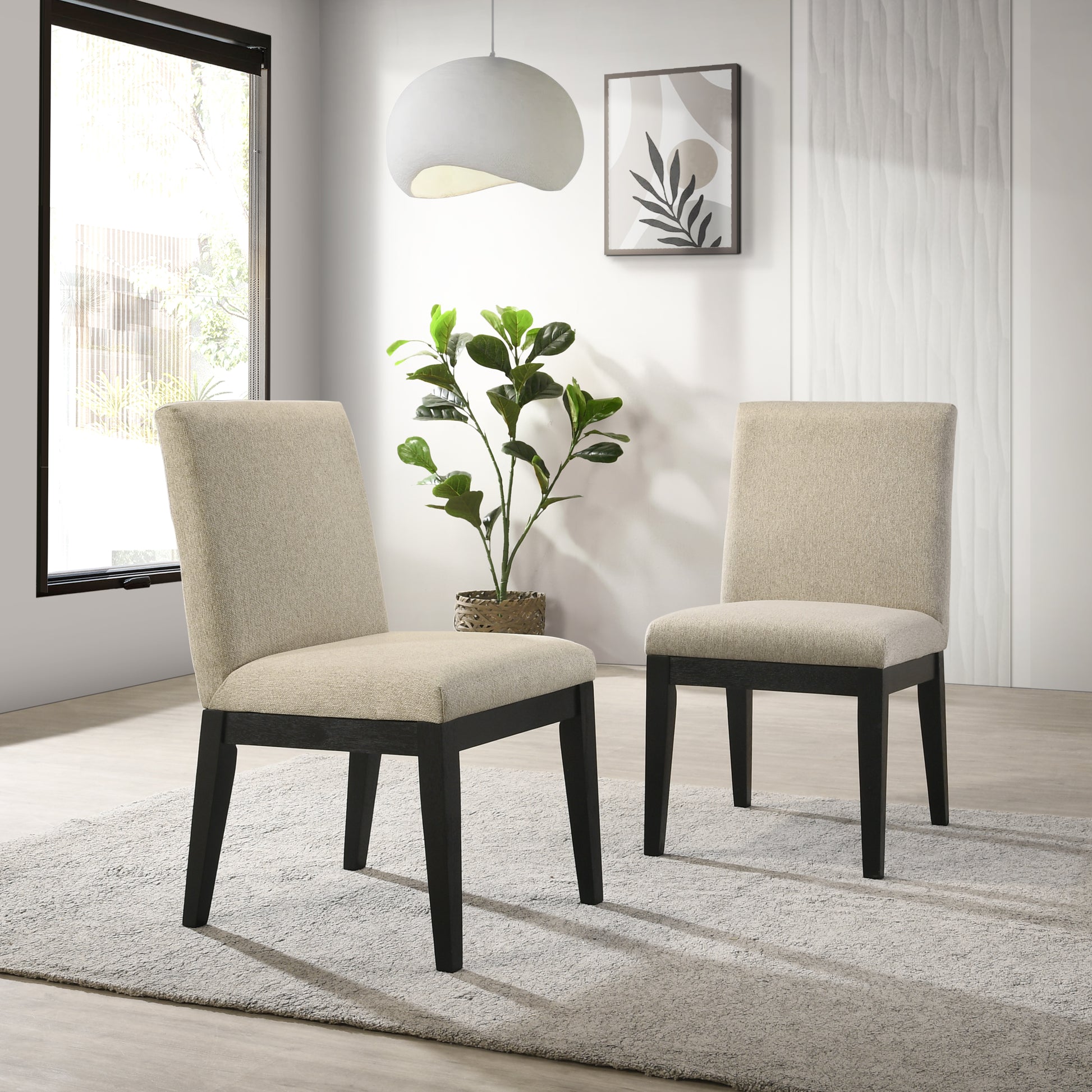 Upholstered dining chairs with beige fabric seats and dark wood legs