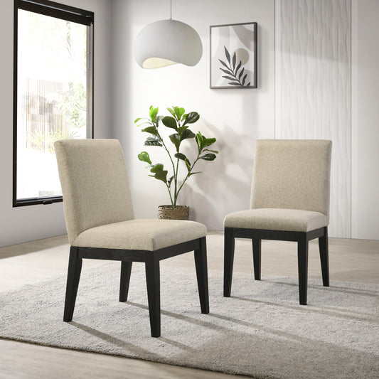 Upholstered dining chairs with beige fabric seats and dark wood legs