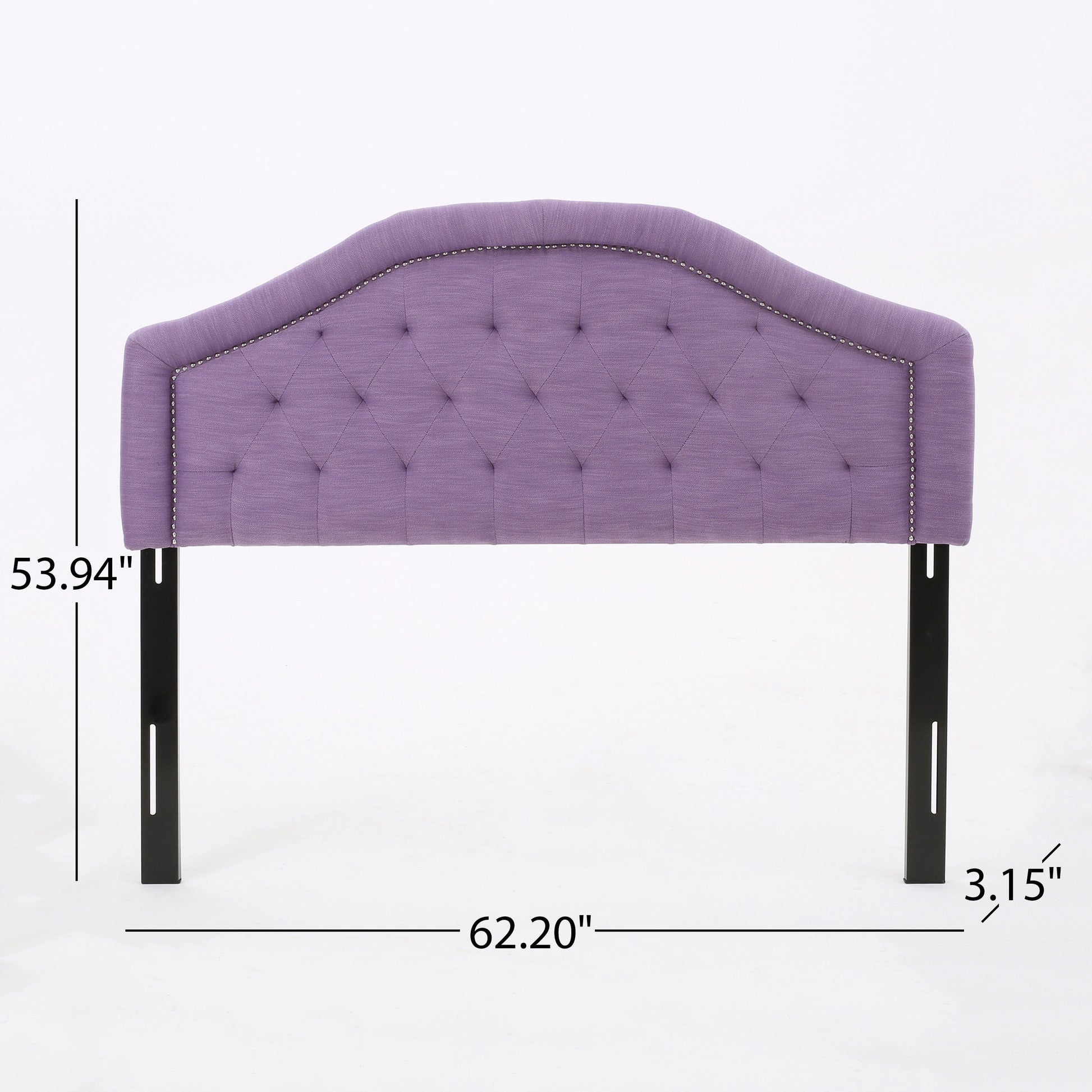Purple upholstered headboard with diamond tufting and silver nailhead trim