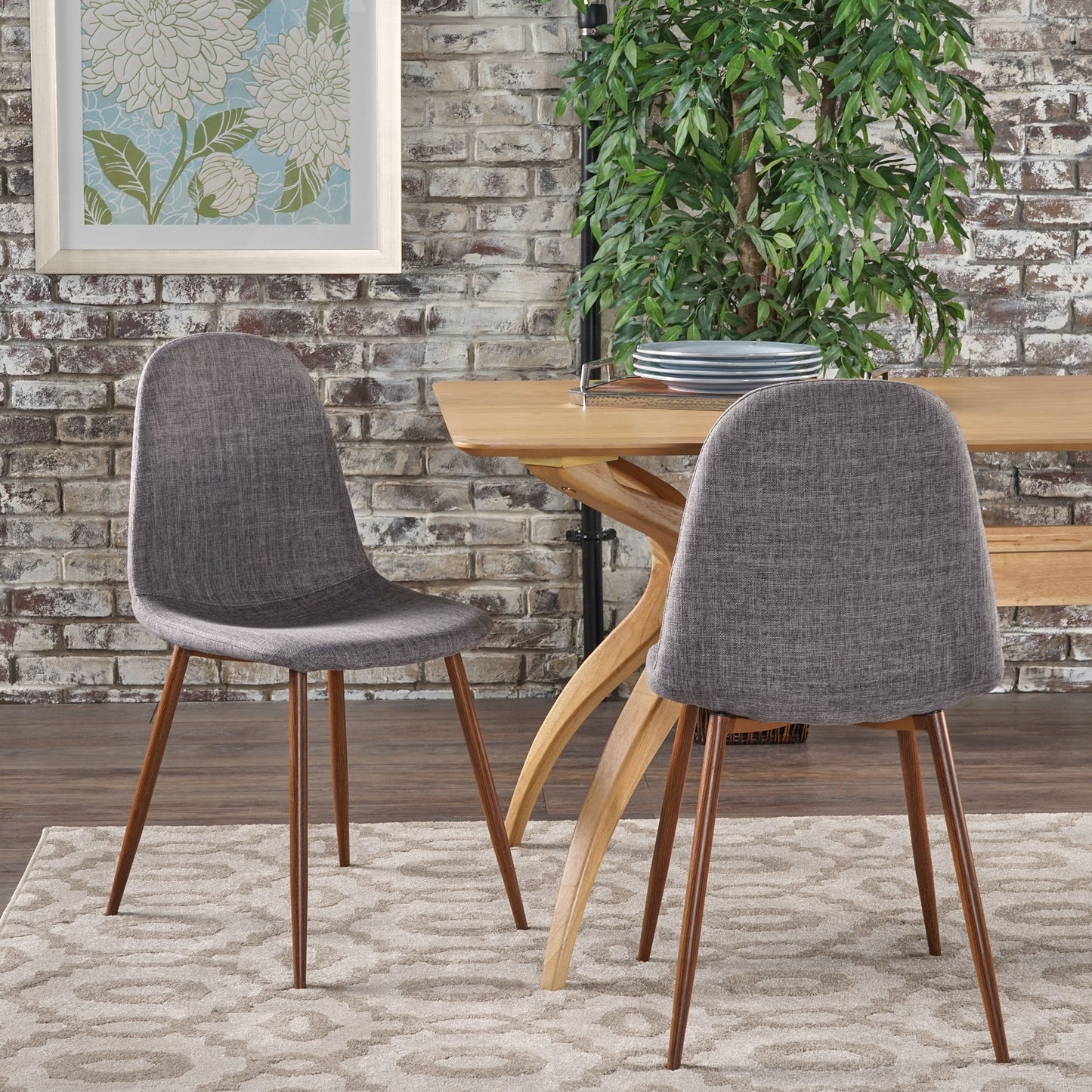 Gray fabric dining chair with midcentury modern tapered legs