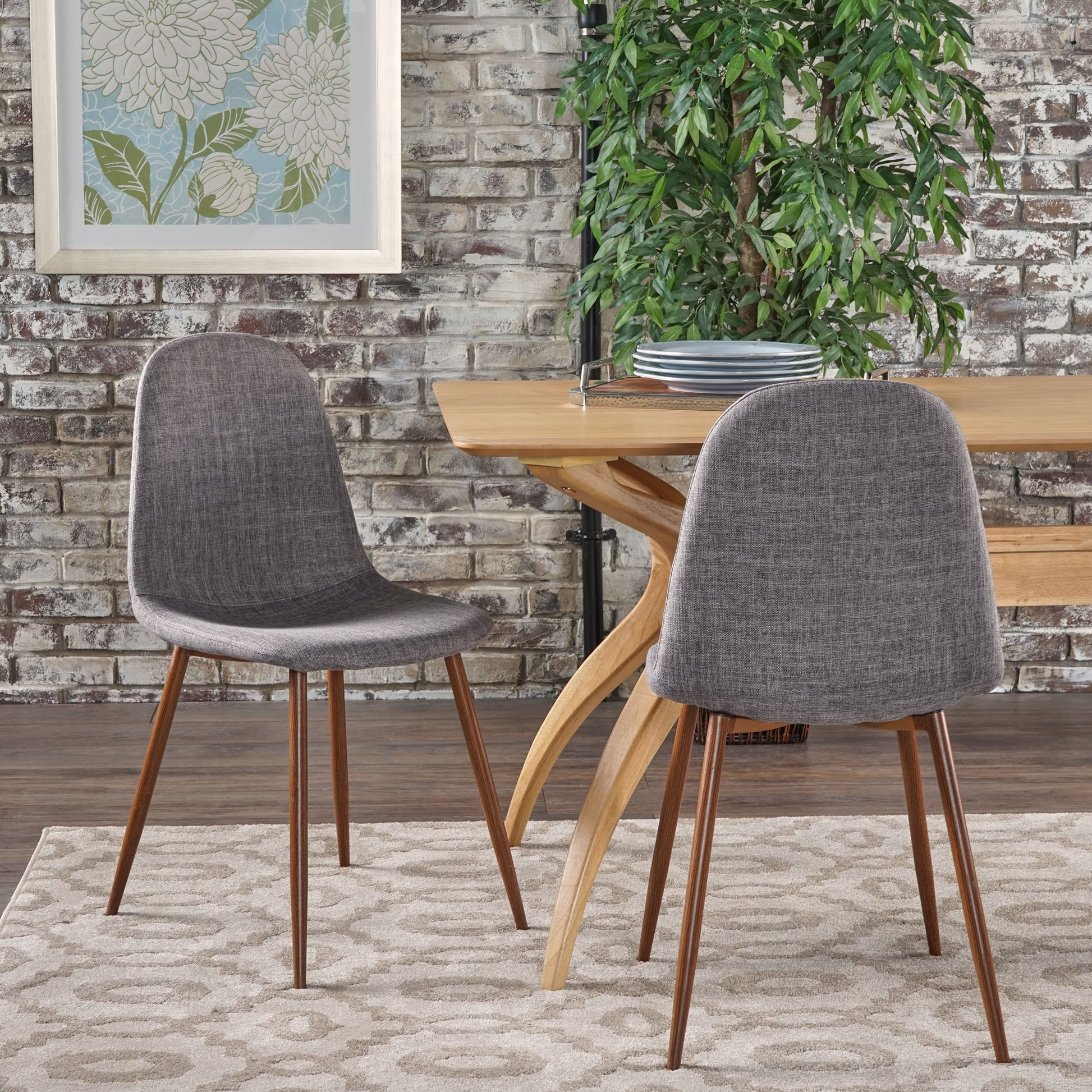 Gray fabric dining chair with midcentury modern tapered legs