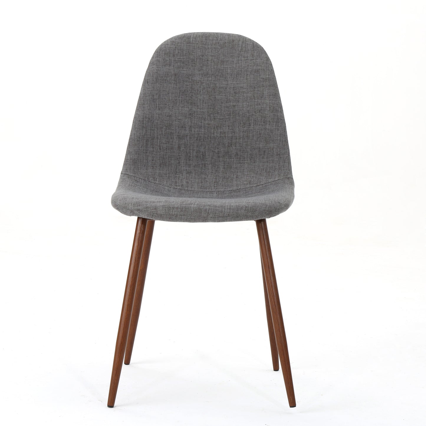 Grey fabric dining chair with tapered wooden legs