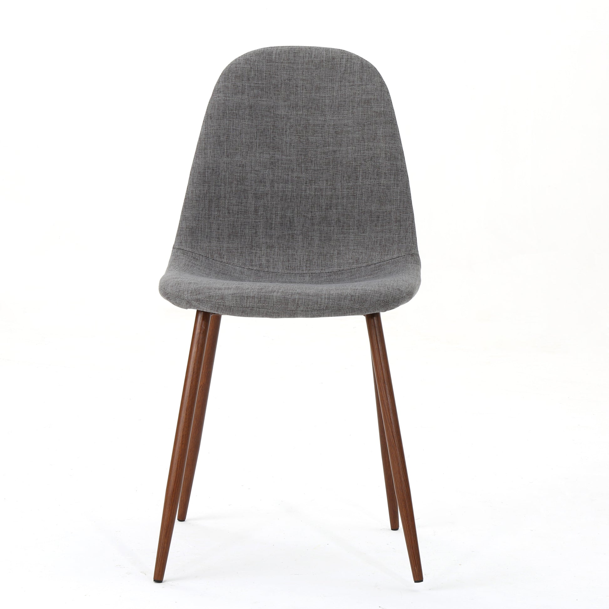 Grey fabric dining chair with tapered wooden legs