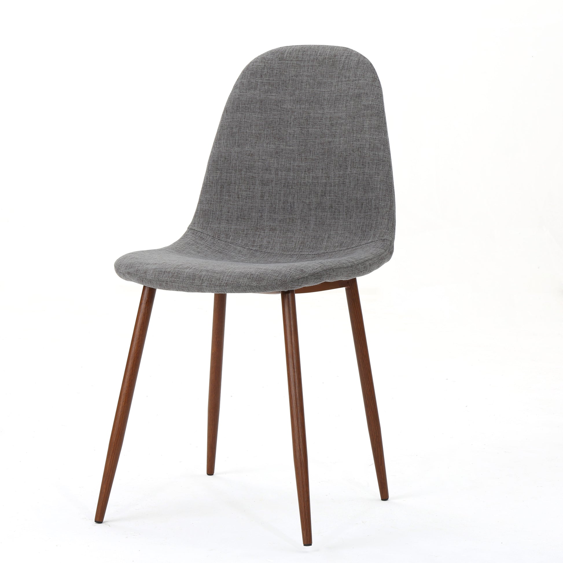 Gray fabric accent chair with tapered wooden legs