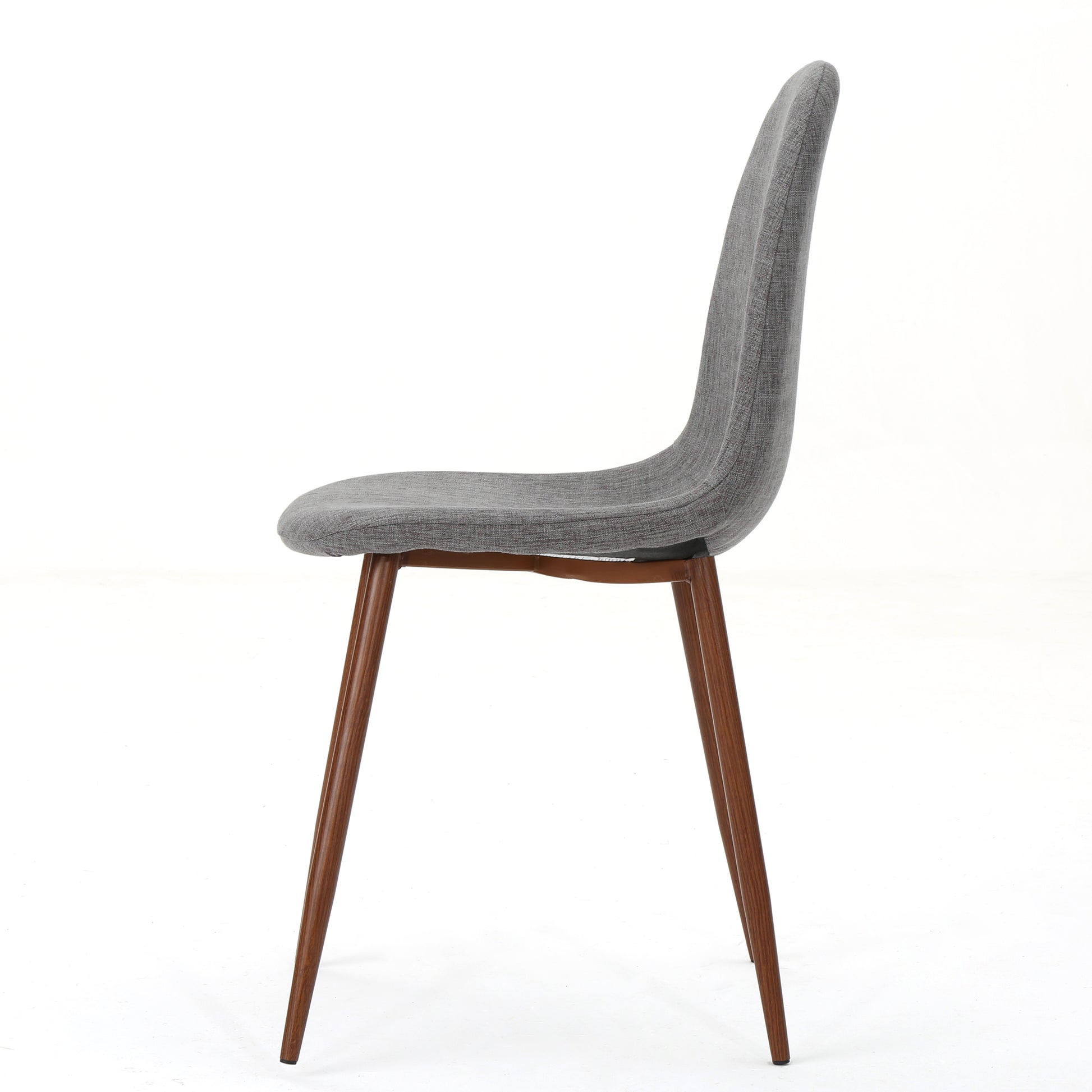 Gray upholstered dining chair with tapered wooden legs