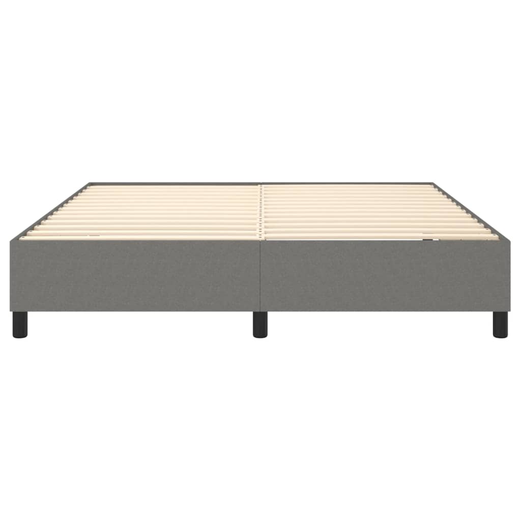 Gray fabric upholstered twin bed frame with wooden slats and black legs