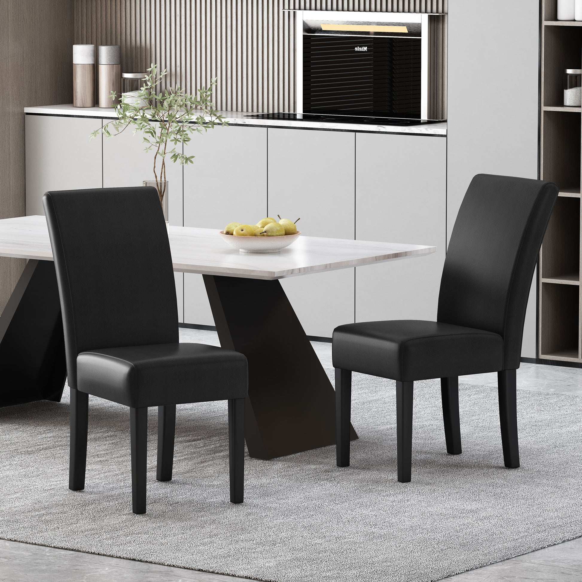Black leather dining chairs with minimalist design