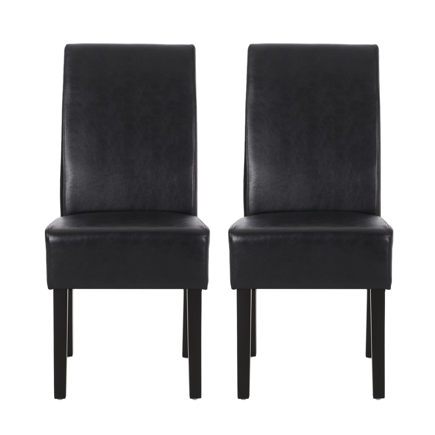 Two black faux leather dining chairs with wooden legs