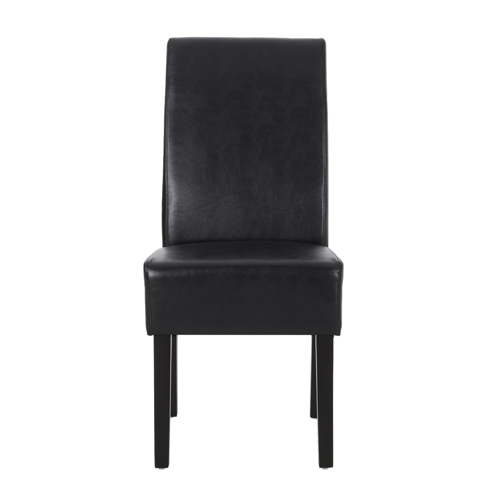 Black leather dining chair with dark wooden legs