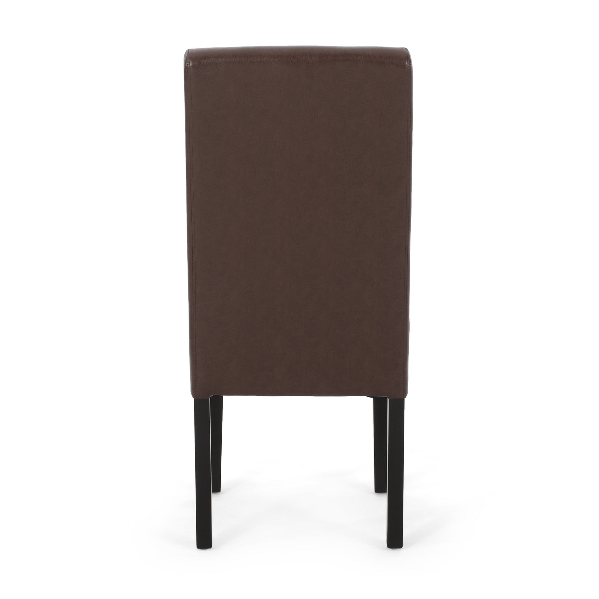 A tall dark brown faux leather dining chair with black wooden legs seen from the back